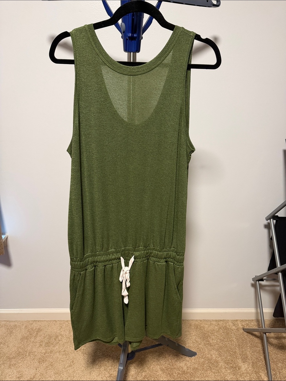 Sleeveless Olive Green Drawstring Casual Shirt Romper